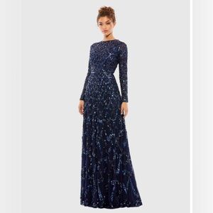 MAC DUGGAL Embellished Illusion High Neck Long Sleeve A Line Gown Navy blue
